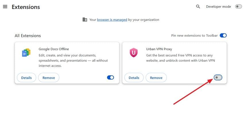 google chrome extensions page showing an extension disabled