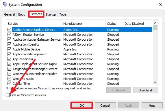 enable services hide all microsoft services