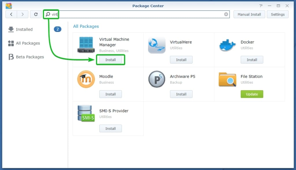 finding synology vmm in package center