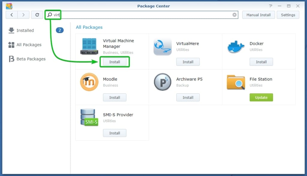 encontrando o vmm da synology no centro de pacotes