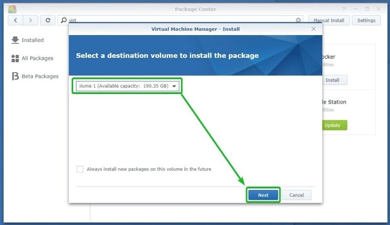 selecionando um volume para vmm da synology