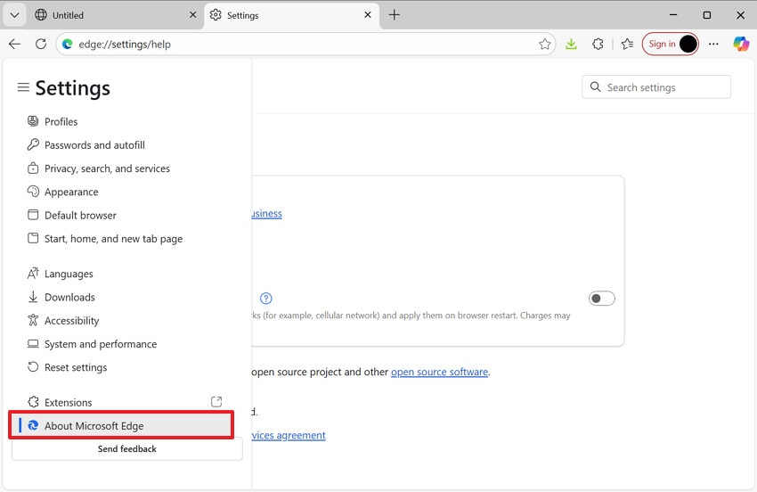 choose about microsoft edge option