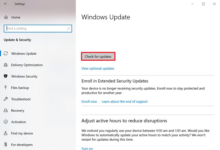 select the check for updates button