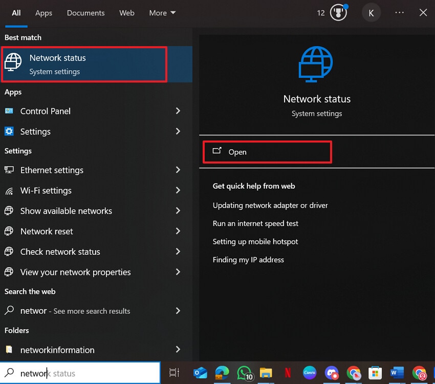 open the network status interface