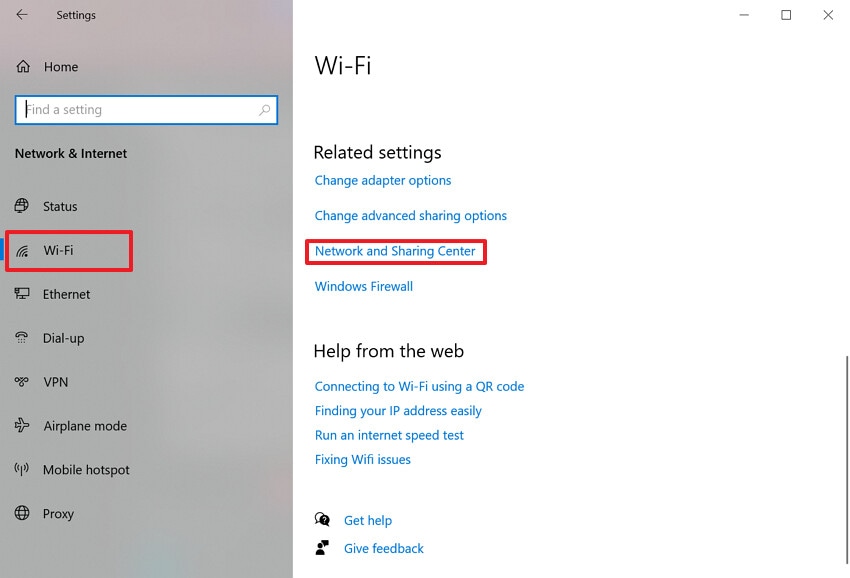 choose network and sharing center option