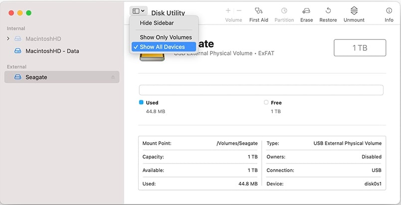 disk utility show all devices