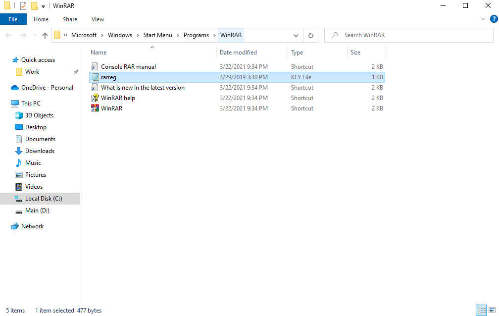 the key file of winrar installed on a windows