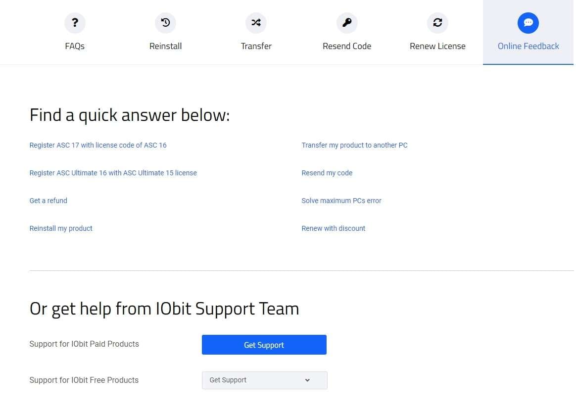 página de soporte al cliente de IObit Undelete 