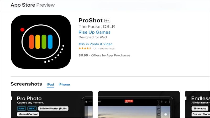 Application vidéo raw proshot 8 pour iPhone