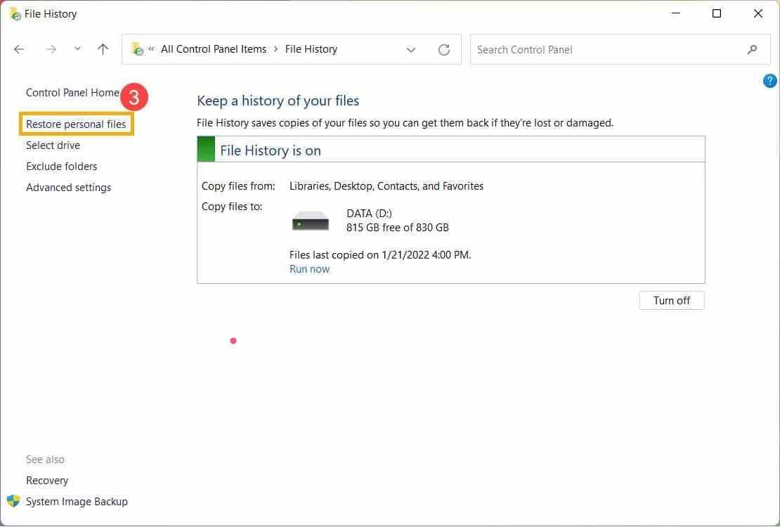 restore personal files with file history in windows 11