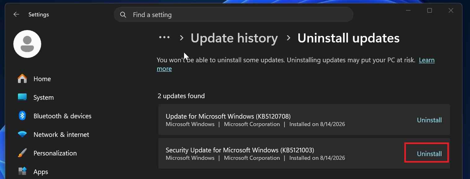 uninstall kb5121003 from windows 11 settings