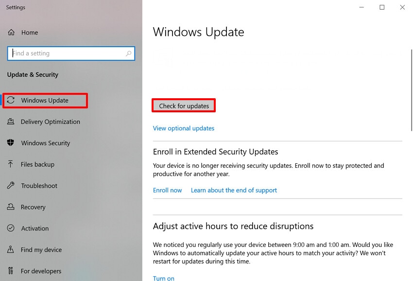 select the check for updates button