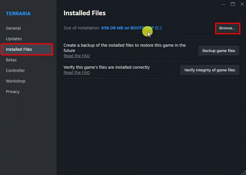 choose browse button in installed files