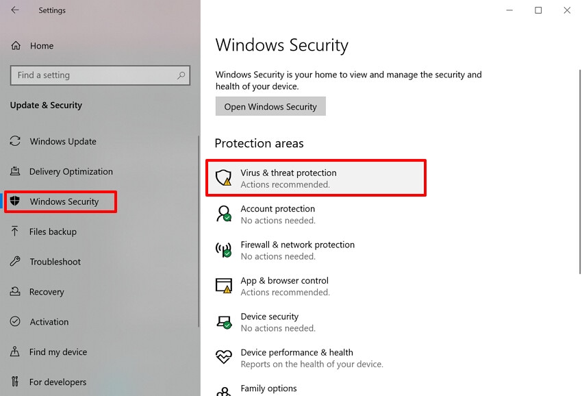 click virus and threat protection option