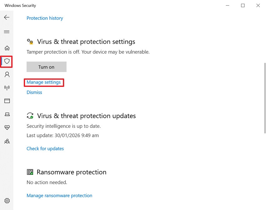 select manage settings option