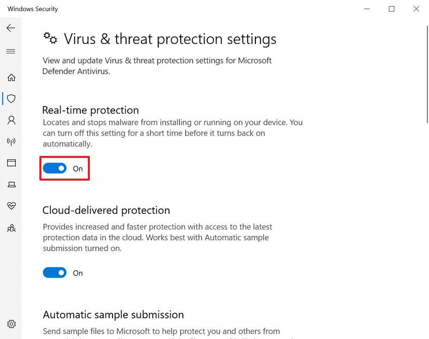 disable the real time protection option