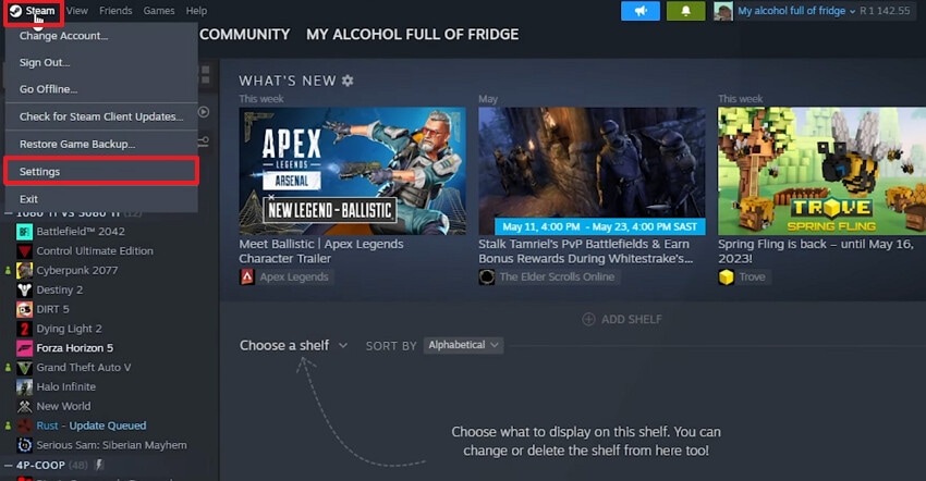 select settings option here