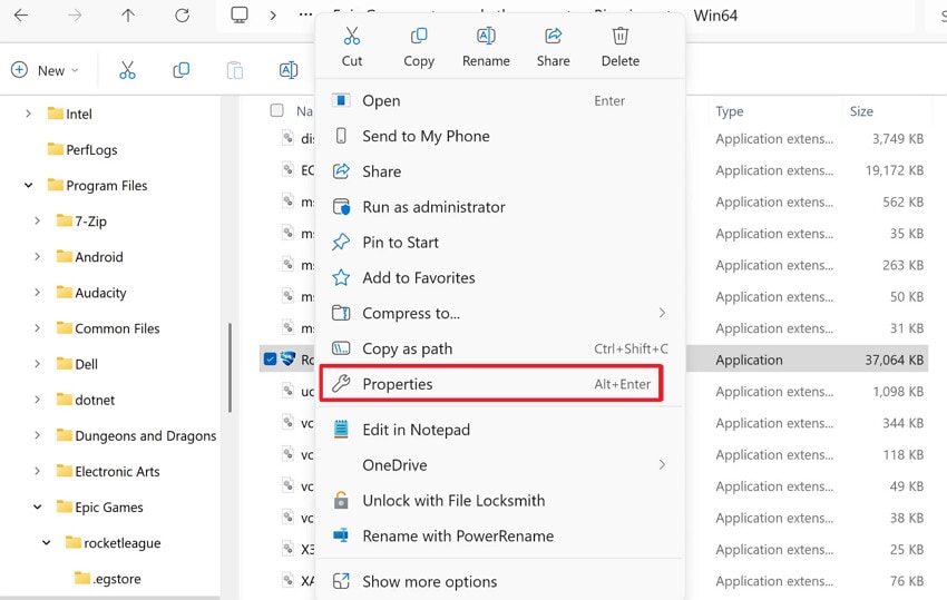select the properties option here