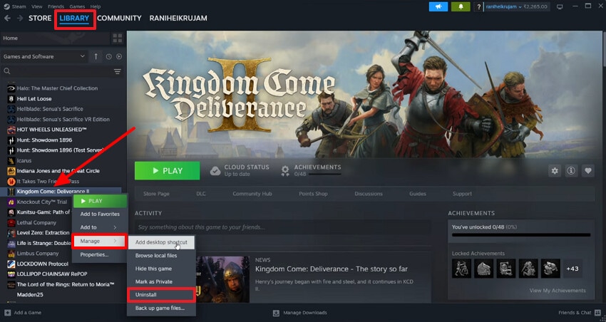choose uninstall option in manage menu