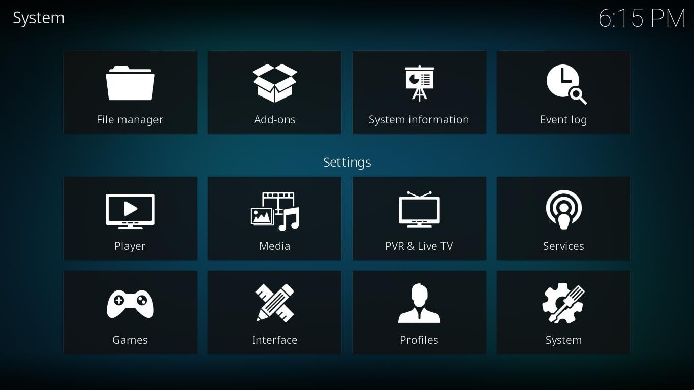 kodi settings hub showing add ons settings tile in older skin