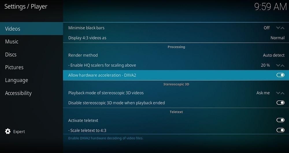 kodi older windows video acceleration settings for dxva2 comparison only