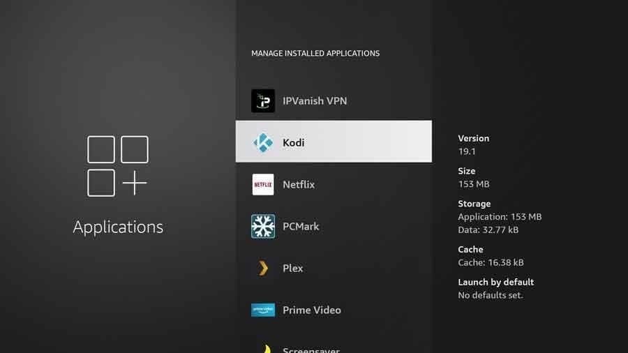 fire tv installed applications showing kodi app entry on older fire os