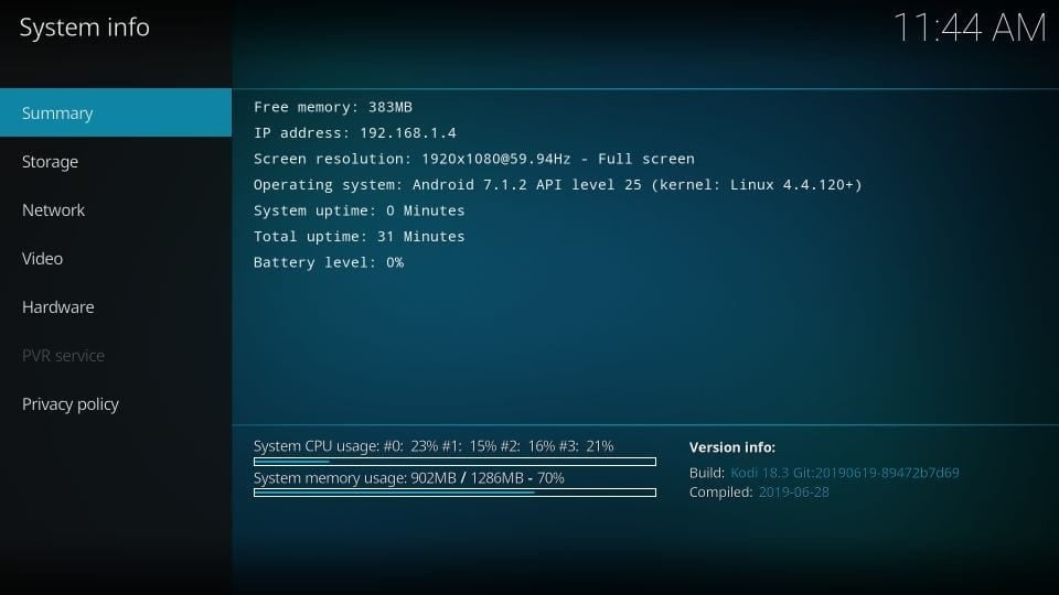 kodi system information summary showing system and software details in older skin
