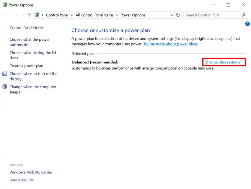 select the change plan settings option