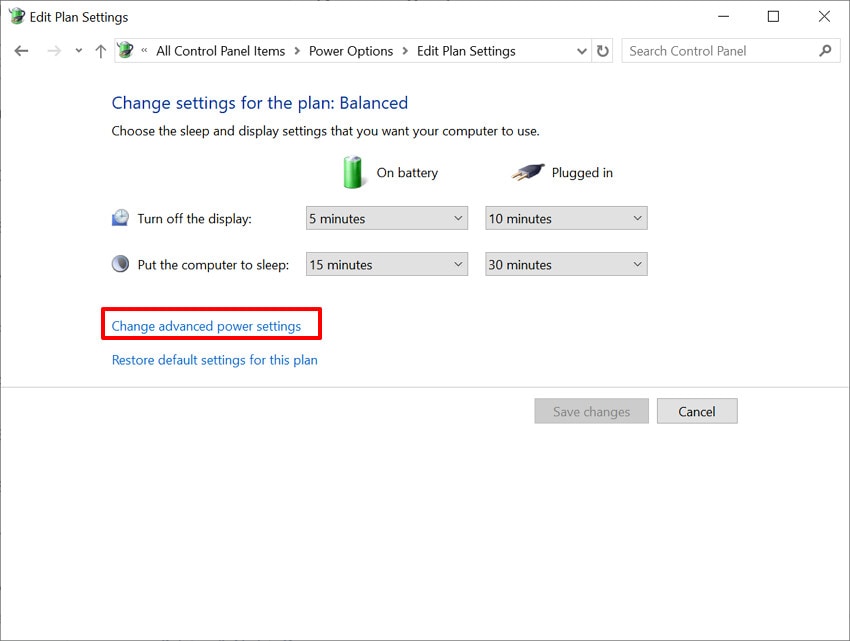 click on the change advanced power settings