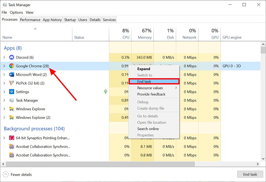 end the google chrome app