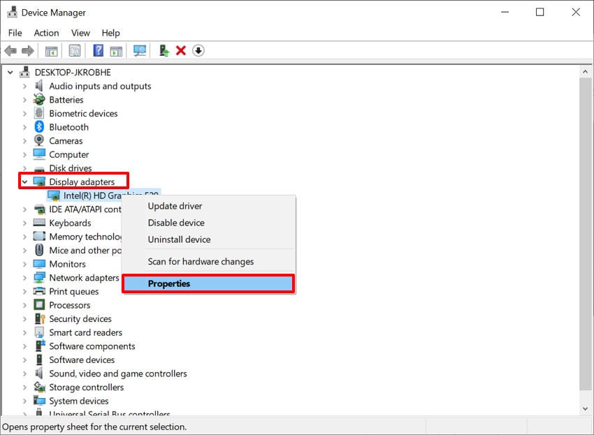 hit properties option in display adapters
