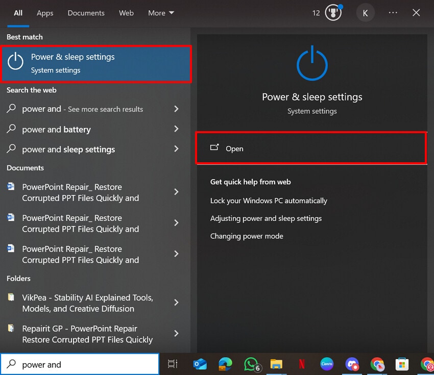 open the power and sleep settings