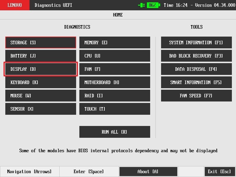 run lenovo uefi display diagnostics
