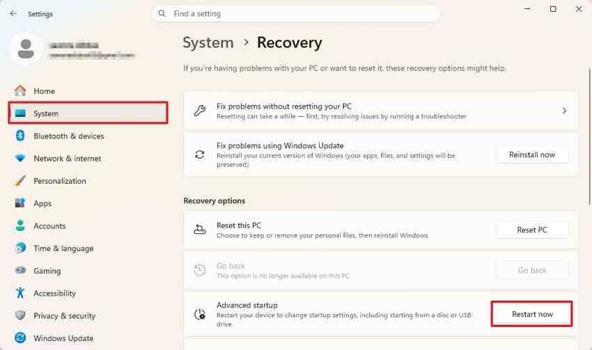 open advanced startup from windows recovery settings