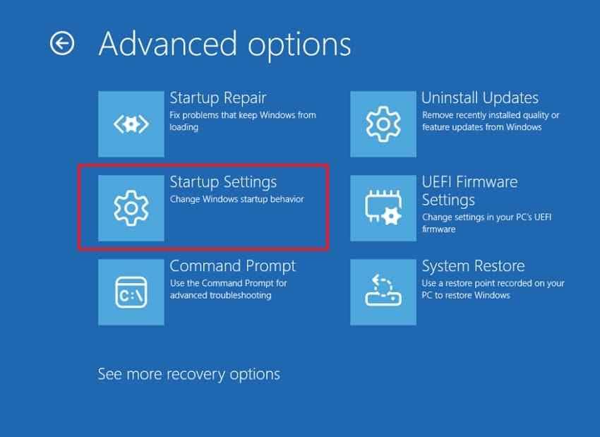 open startup settings from windows recovery