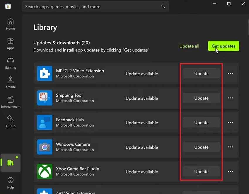 update suspected apps through microsoft store