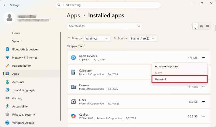 uninstall a suspected flickering application