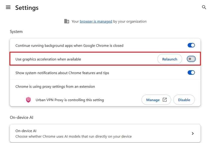 disable chrome graphics acceleration for testing