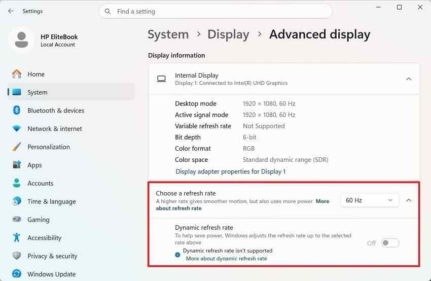 test a supported fixed refresh rate in windows