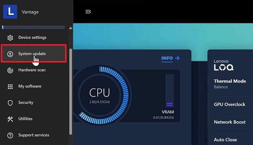 open system update in lenovo vantage