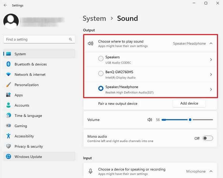 windows audio output settings