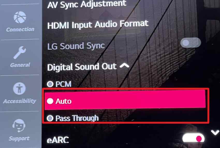 lg tv auto and pass through audio options