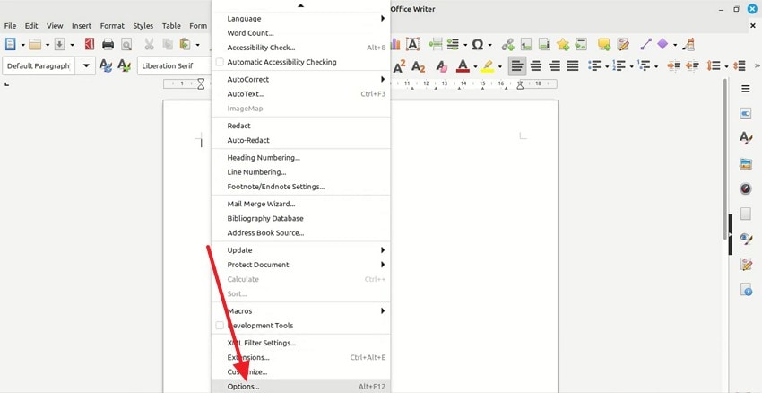 select options from tools menu