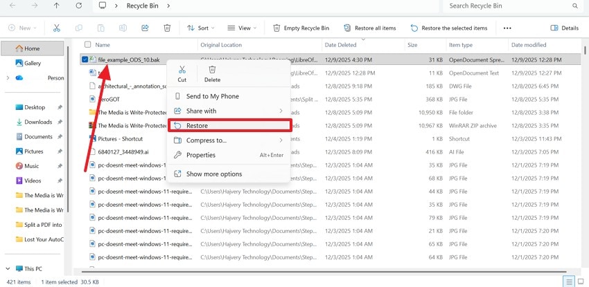 restore libreoffice file from recycle bin