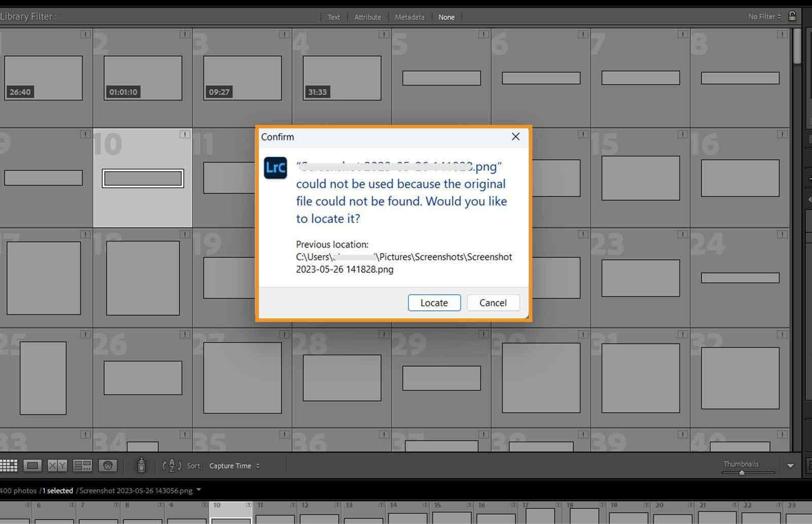 lightroom classic locate prompt for a missing photo