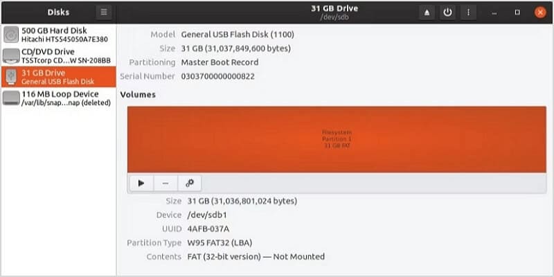 choose the disks usb to fat32 formatting tool in linux