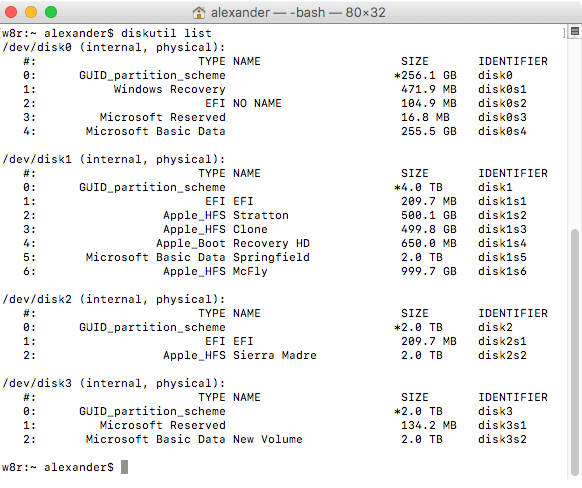 mac disk & partitions list