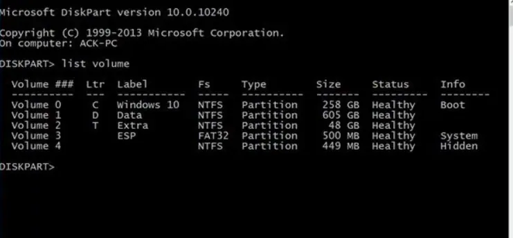 prompt de comando de list volume