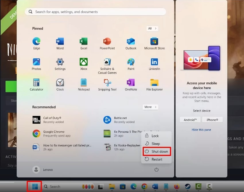 tap on shutdown button