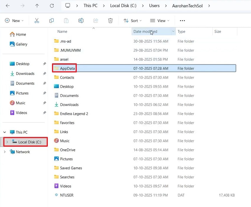 access the appdata folder